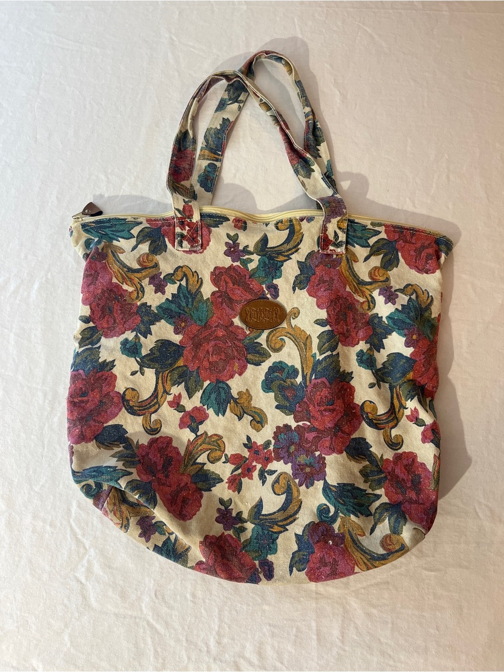Gitano Floral Canvas Tote in Cream with Red and Teal Accents